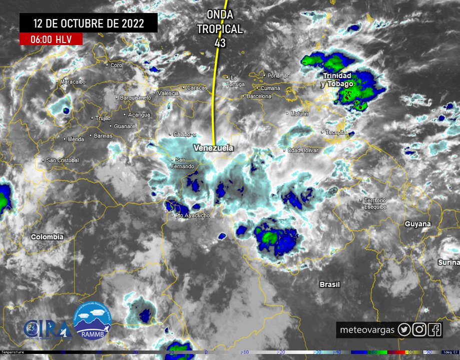 Meteovargas's tweet photo. Onda Tropical 43 avanza por el centro de VEN. A primeras horas de la mañana se observa nubosidad mayormente fragmentada en el país destacando núcleos nubosos productores de lluvias y actividad eléctrica en áreas de la región Guayana, este de Apure...(cont) https://t.co/0sJdRJH5oe https://t.co/XDH7m4gIio