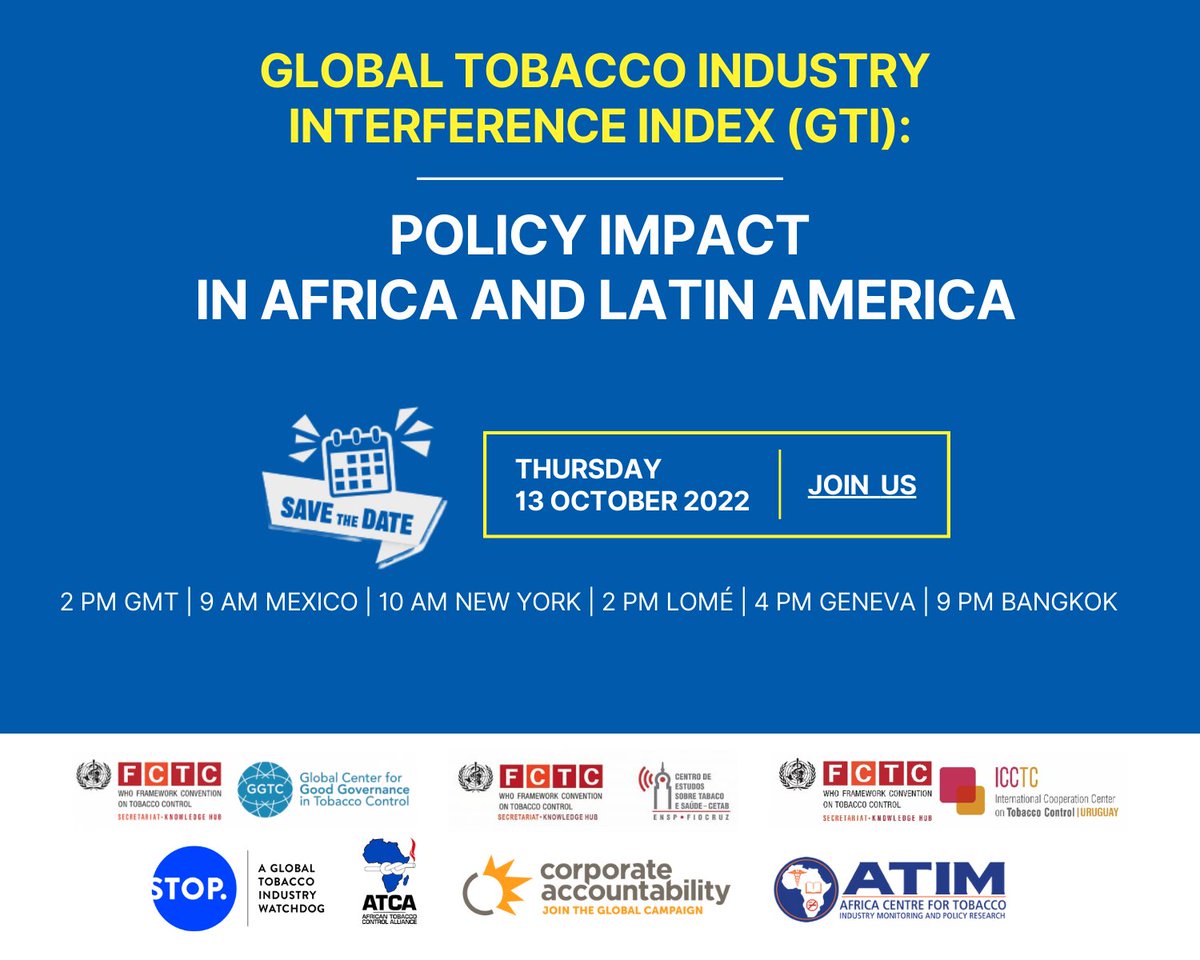 Join us tomorrow - 13 October 22 in an interregional webinar entitled: Global Tobacco Industry Interference Index (GTI): Policy impact in Africa and Latin America.
Click on the link to register: ggtc.world/actions/webina…