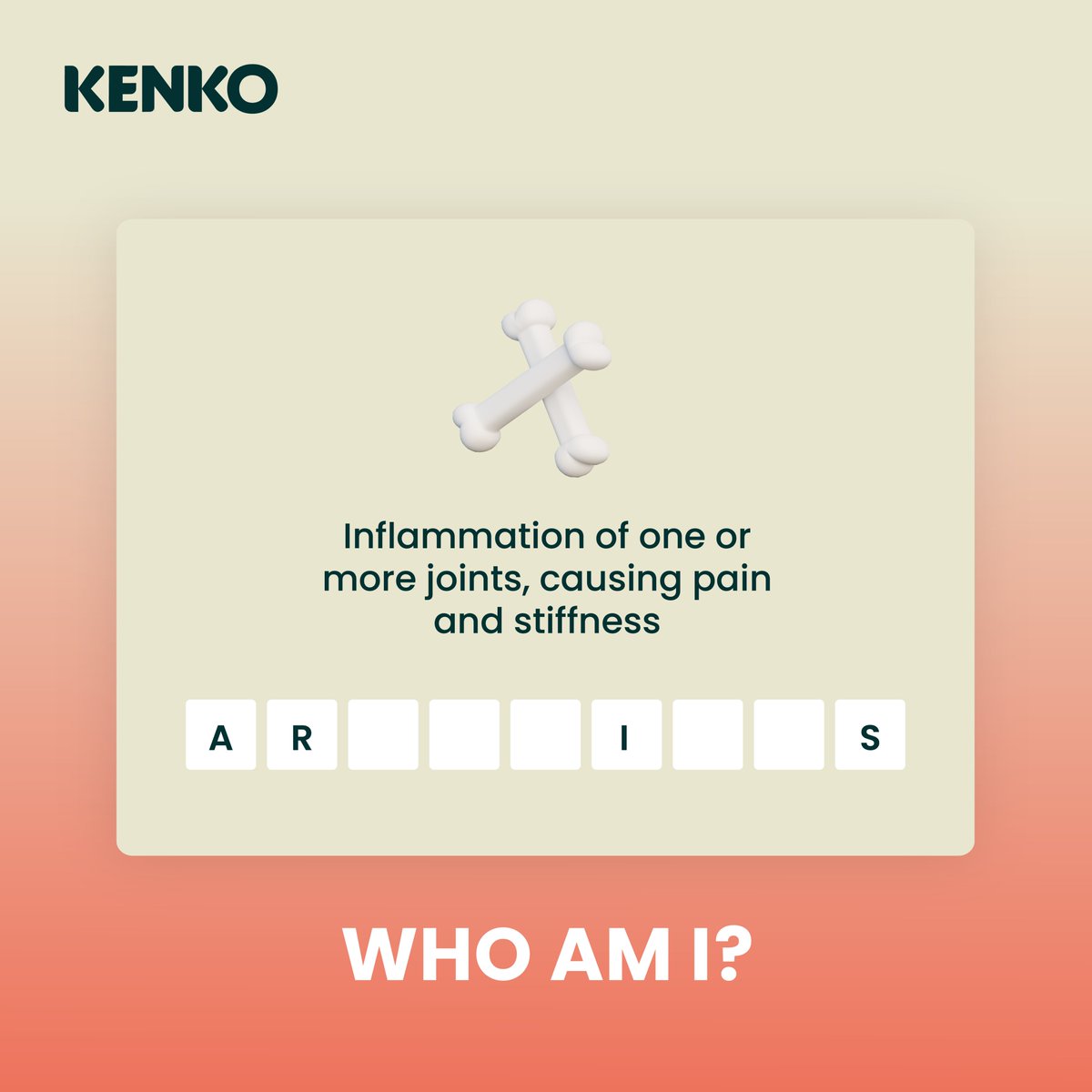 yourkenkohealth's tweet photo. My main symptoms are joint pain and stiffness, which typically worsen with age. Who am I?
Hint: My name starts with 'Aaa' and ends with 'Eees'.
Share your answer in the comment section below.
#Kenko #KenkoHealth #WhoAmI #CommonIllnesses #MyBodyMyHealth #WorldArthritisDay https://t.co/TJYJLu68Pk