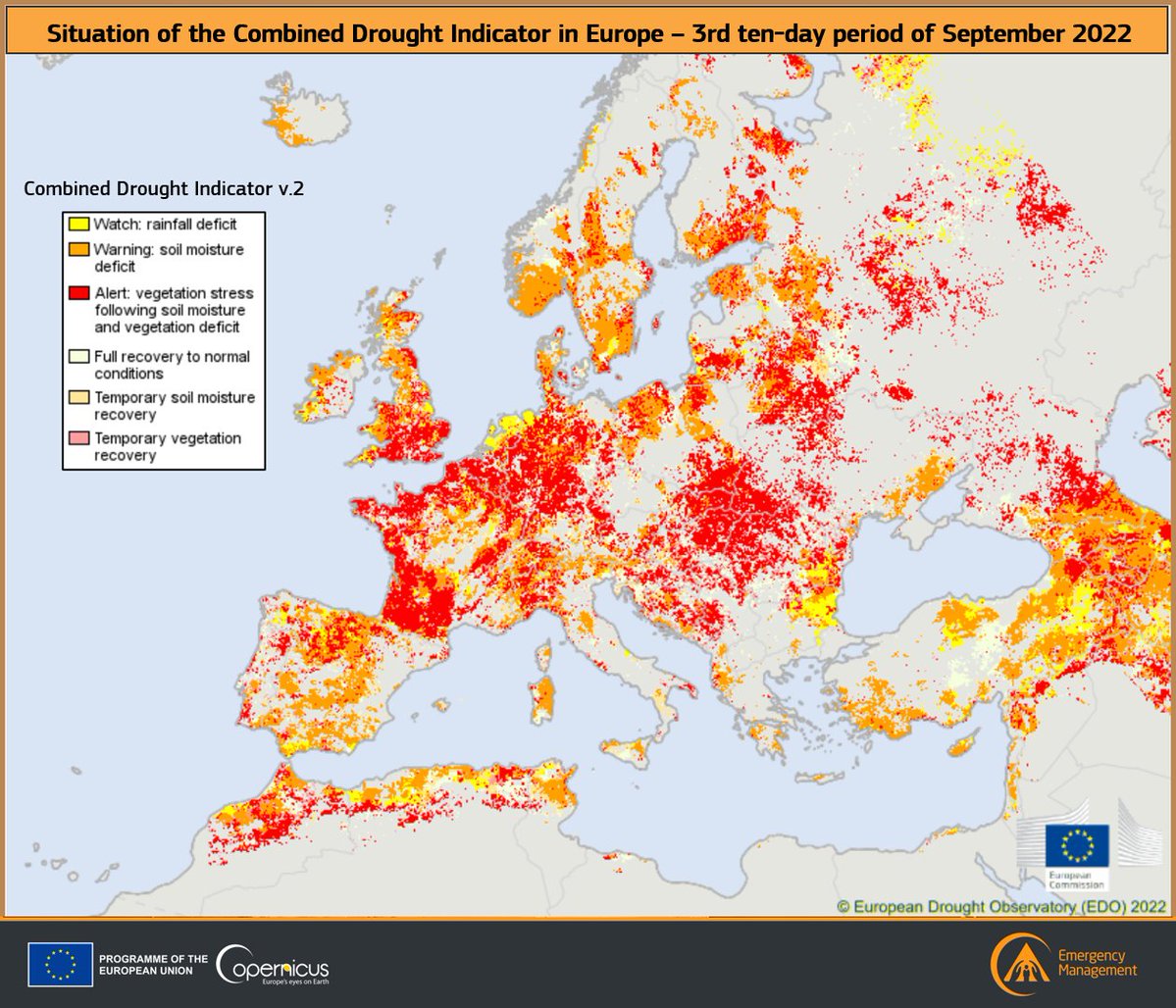 CopernicusEMS's tweet photo. #Drought continues to grip #Europe‼️

➡️#EDO Combined Drought Indicator for the period 21-30 September

🟠2⃣2⃣% of the 🇪🇺 territory is currently in 'Warning' conditions (-4% compared to the previous ten-day period)
🔴2⃣7⃣% is in 'Alert' conditions

More at
https://t.co/xmLXGZY8NU https://t.co/0QHnzJKWSl
