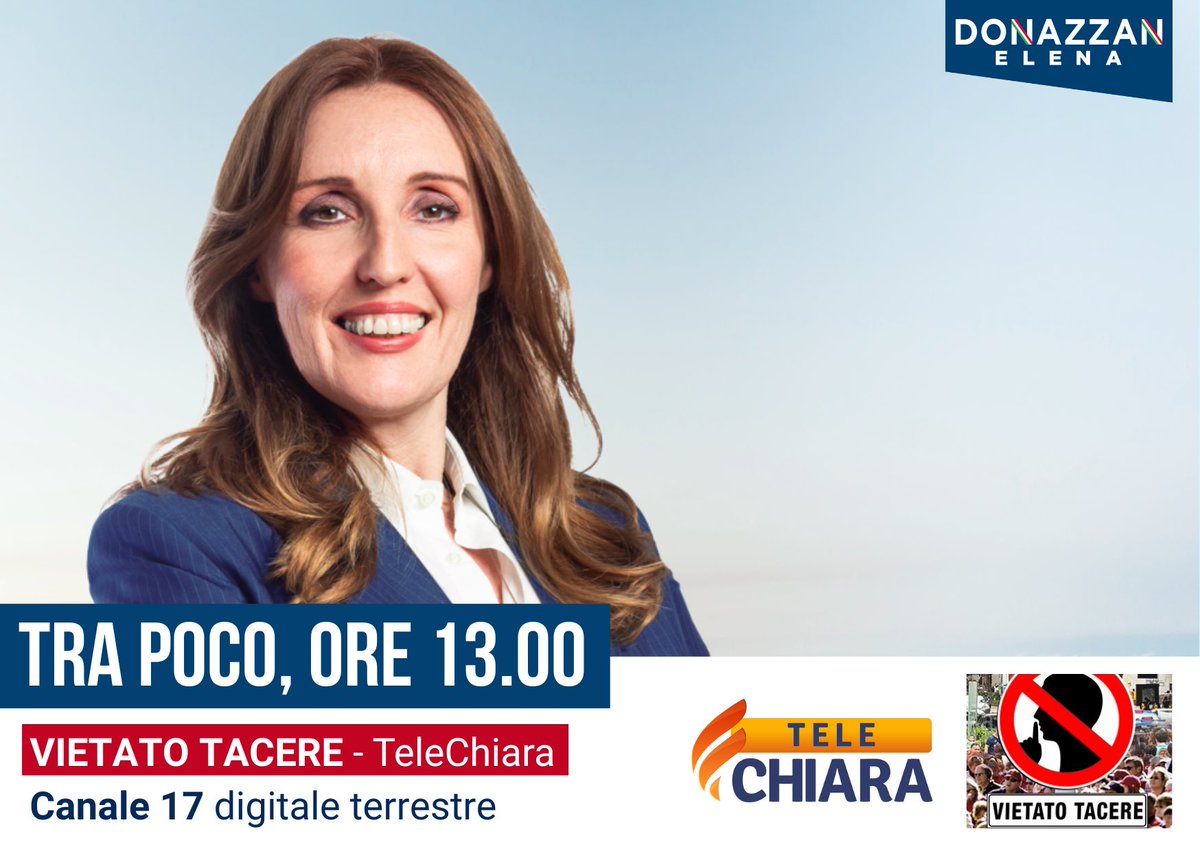 DonazzanElena's tweet photo. 📺 Tra poco sarò ospite in diretta della trasmissione #VietatoTacere di @Telechiara (ch. 17 DTT). Seguitemi: attendo i vostri messaggi e commenti!

#TeleChiara https://t.co/diA4cQv1ZZ