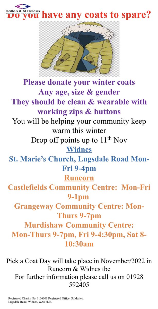 Can you help donate a coat this Winter? Details are below contact our Community Champions <a href="/lornpots/">Lorna Lucas</a> or Janet at St Marie’s. All information is below #wearehalton #CostOfLivingCrisis