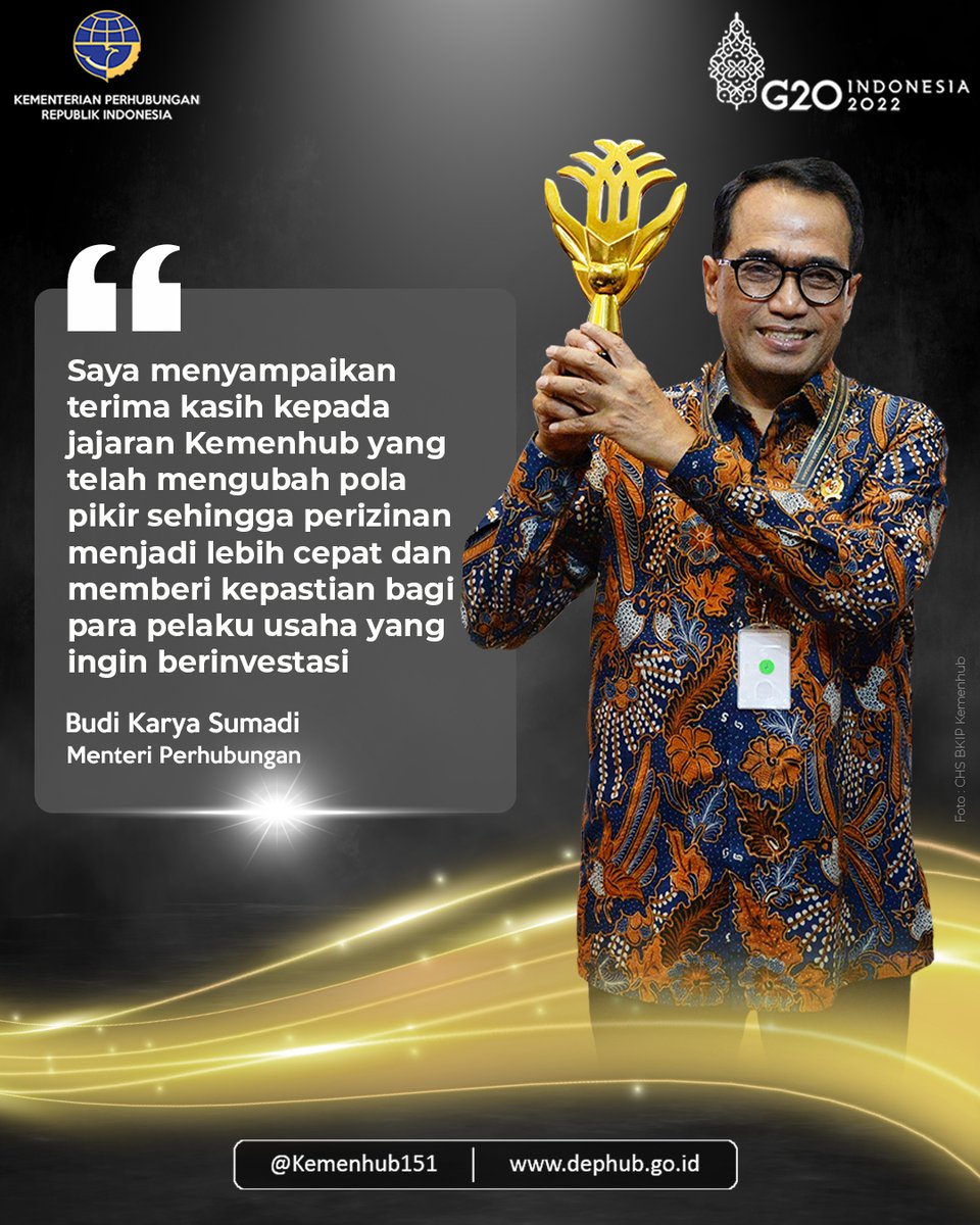 kemenhub151's tweet photo. Hari ini Kementerian Perhubungan berhasil meraih peringkat terbaik pertama dalam Anugerah Layanan Investasi (ALI) 2022 yang diselenggarakan oleh Kementerian Investasi/BKPM lho #KawulaModa! https://t.co/0MpS1Z43zR