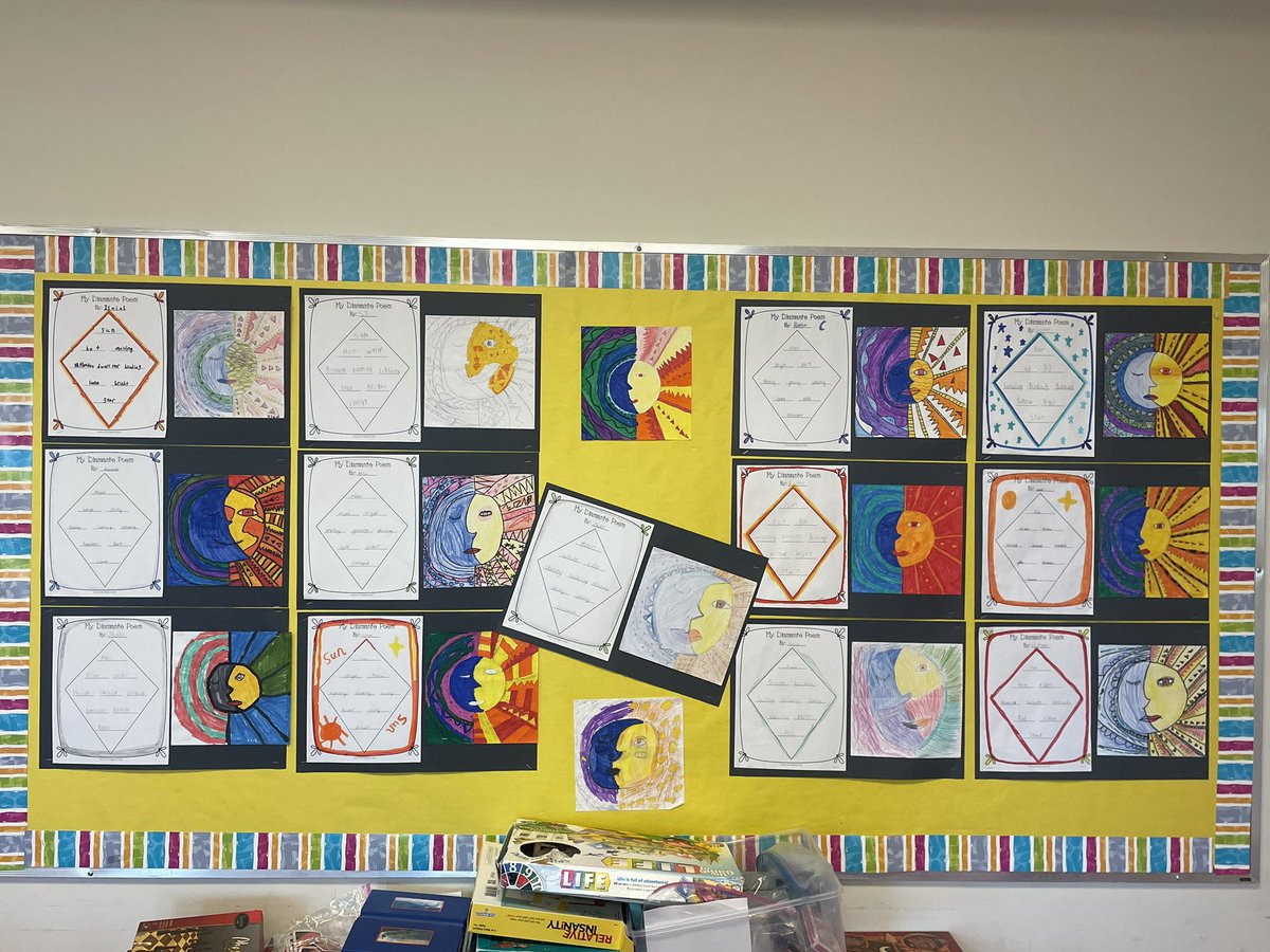 For our space unit we made Moon vs Sun art involving line, warm and cool colours and shape. To go along with this art activity we created Diamanté poems to represent the moon or sun. They look great up on the board. #grade6, #art, #science, #spaceunit @ElizabethParkEl