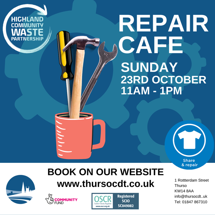 NetZeroThurso's tweet photo. Repair Cafe! 🧰
Do you have something which you've been meaning to repair? 
Come along to the repair cafe in #Thurso this Sunday where you can learn how to repair your item 🛠️
More information and booking essential 
👉 https://t.co/Ulg810mULP
#caithness https://t.co/8iqSOGNZfv