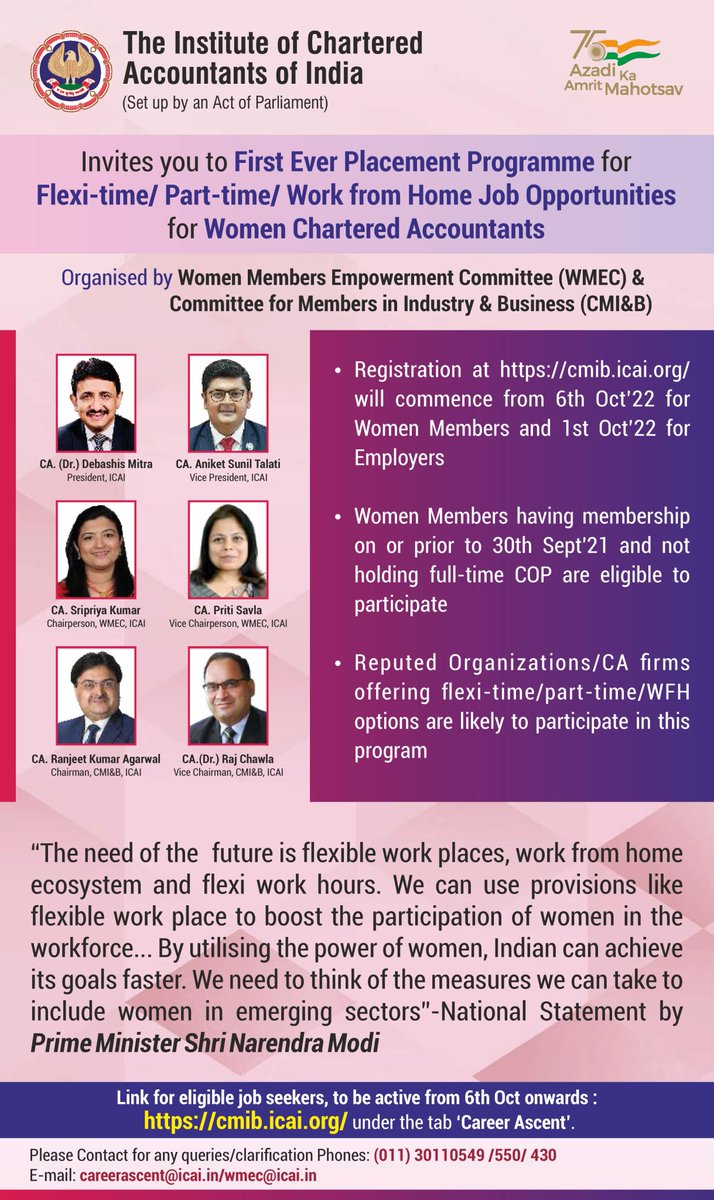theicai's tweet photo. ICAI invites its Women Members to the First Ever Placement Programme for Flexi Time/Part Time/Work from Home Job Opportunities. Women Members having Membership on or prior to 30th Sept 2021 &amp; not holding COP as on date are eligible to participate.
Register
https://t.co/nUU4D4pF2i https://t.co/nKw2lQMnnj