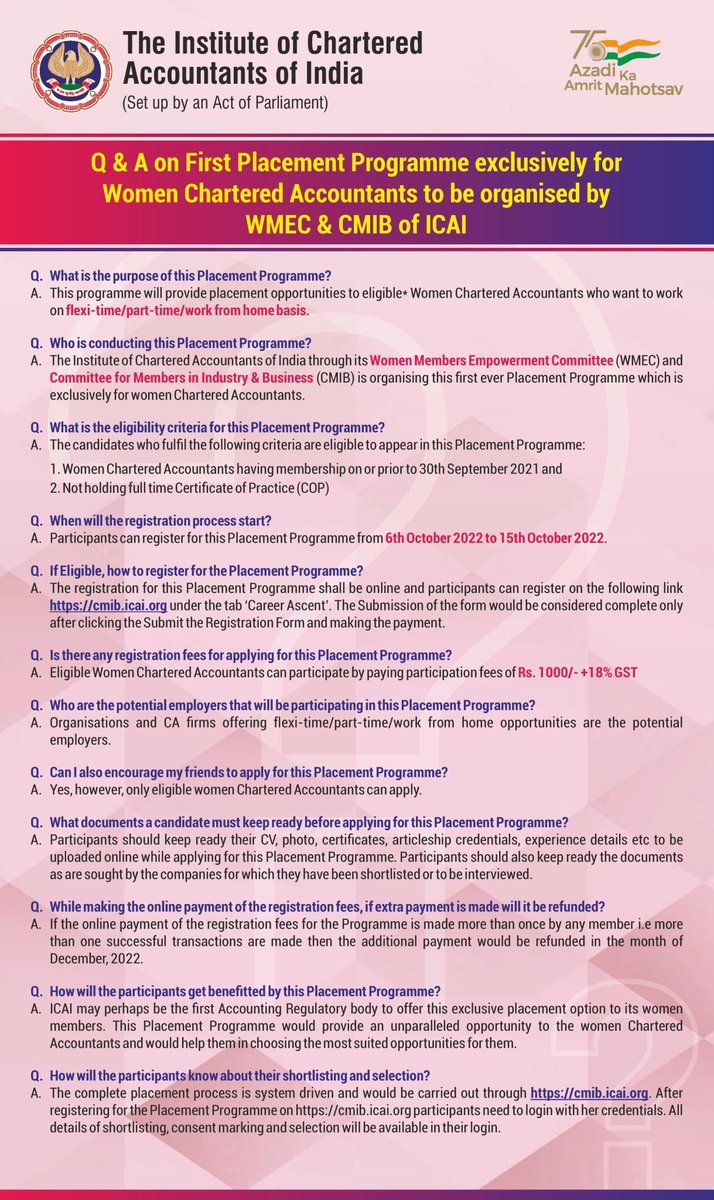 theicai's tweet photo. ICAI invites its Women Members to the First Ever Placement Programme for Flexi Time/Part Time/Work from Home Job Opportunities. Women Members having Membership on or prior to 30th Sept 2021 &amp; not holding COP as on date are eligible to participate.
Register
https://t.co/nUU4D4pF2i https://t.co/nKw2lQMnnj