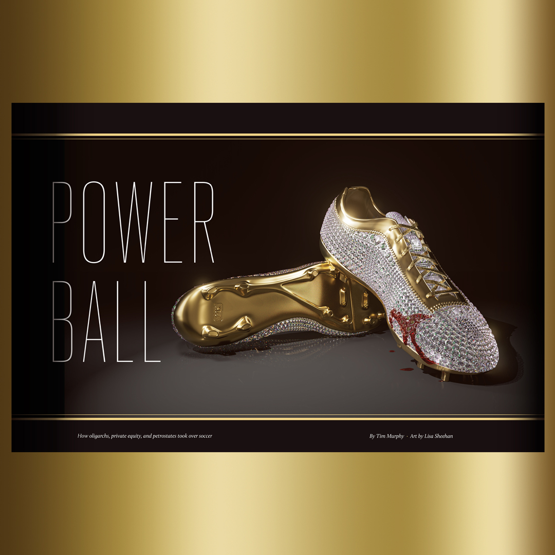 Lisa_R_sheehan's tweet photo. New illustration work out today on the cover of @MotherJones 'Blood Sport' also for the feature 'Power Ball' 💎⚽ #cgiartist #cgiart #digitalart #artdirection #magazinecover #cinema4d #c4d #coverlove #maxon #3dmodeling #maxon4d #cgi #3dart #coverart @debutart https://t.co/K6KZ3irXc5