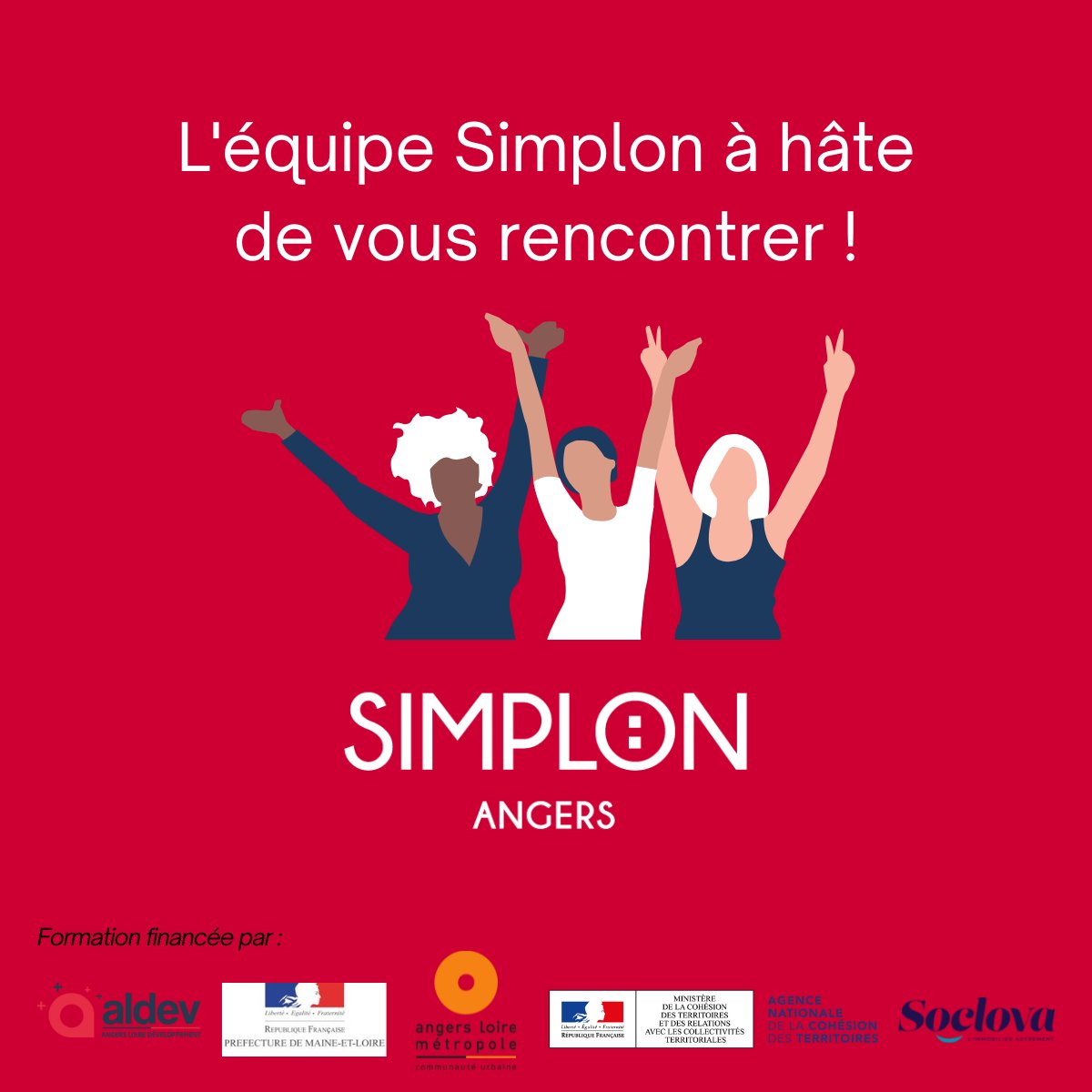 VOUS FAITES QUOI JEUDI 20 OCTOBRE? Venez nous rencontrer dans les locaux de la <a href="/soclova/">Soclova</a> à Angers pour découvrir notre formation 100% femmes de découverte des métiers du numérique
🙏 Soclova | Aldev | Angers Loire Métropole | le Ministère chargé de la ville | la Fondation Simplon