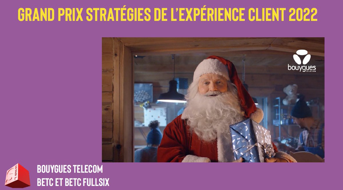 Strategies (@strategies) on Twitter photo Le Grand Prix <a href="/Strategies/">Strategies</a> de l’Expérience Client 2022 est attribué à <a href="/bouyguestelecom/">Bouygues Telecom</a> et les agences <a href="/BETCParis/">BETC Paris</a> et <a href="/betcfullsix/">BETC FULLSIX</a> pour la réalisation « Activation AlloPapaNoel 2021 ». Félicitation à toute l’équipe !
#gpstrat Le Grand Prix <a href="/Strategies/">Strategies</a> de l’Expérience Client 2022 est attribué à <a href="/bouyguestelecom/">Bouygues Telecom</a> et les agences <a href="/BETCParis/">BETC Paris</a> et <a href="/betcfullsix/">BETC FULLSIX</a> pour la réalisation « Activation AlloPapaNoel 2021 ». Félicitation à toute l’équipe !
#gpstrat