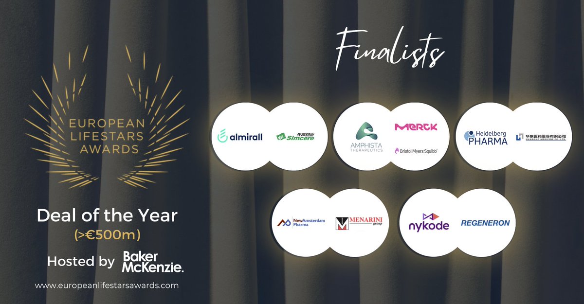European Lifestars Awards (@lifestarsawards) on Twitter photo We present you the finalists for:
🏆 Deal of the Year (>€500m)🏆
Hosted by <a href="/bakermckenzie/">Baker McKenzie</a>
⭐ <a href="/AlmirallUS/">Almirall</a> & <a href="/SimcerePharm/">Simcere pharmaceutical Group</a>
⭐<a href="/AmphistaThera/">Amphista Therapeutics</a> & <a href="/merckgroup/">Merck</a>, <a href="/bmsnews/">Bristol Myers Squibb</a>
⭐ @HeidelbergPharm & Huadong Medicine
⭐ <a href="/NewAmsPharma/">NewAmsterdam Pharma Corporation</a> & MENARINI Group
⭐ Nykode Therapeutics & <a href="/Regeneron/">Regeneron</a> We present you the finalists for:
🏆 Deal of the Year (>€500m)🏆
Hosted by <a href="/bakermckenzie/">Baker McKenzie</a>
⭐ <a href="/AlmirallUS/">Almirall</a> & <a href="/SimcerePharm/">Simcere pharmaceutical Group</a>
⭐<a href="/AmphistaThera/">Amphista Therapeutics</a> & <a href="/merckgroup/">Merck</a>, <a href="/bmsnews/">Bristol Myers Squibb</a>
⭐ @HeidelbergPharm & Huadong Medicine
⭐ <a href="/NewAmsPharma/">NewAmsterdam Pharma Corporation</a> & MENARINI Group
⭐ Nykode Therapeutics & <a href="/Regeneron/">Regeneron</a>