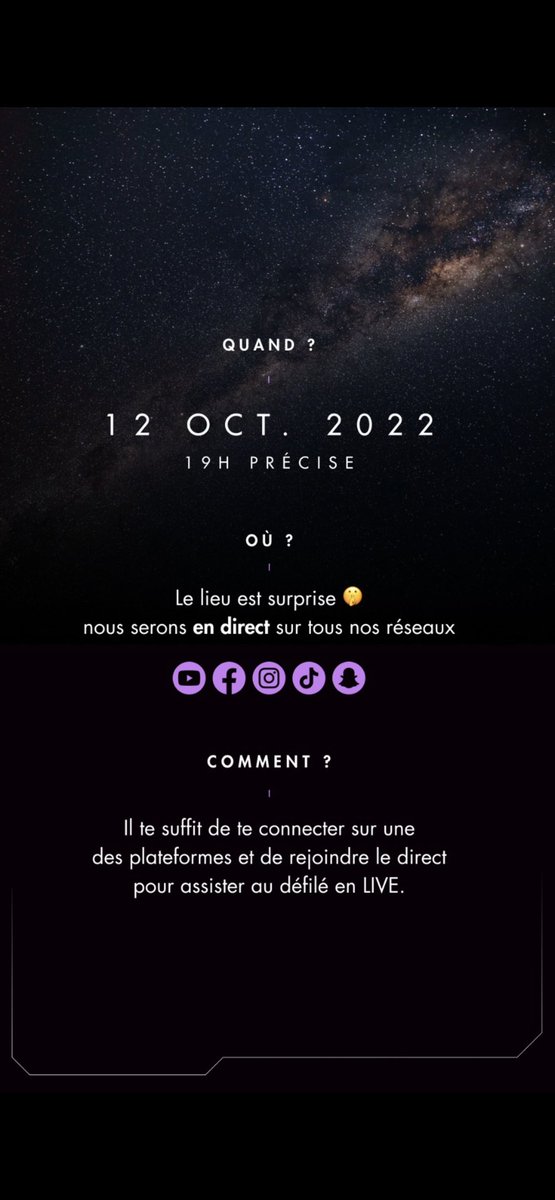[ Invitation au défilé de la collection FALL WINTER 2022 ]
Elevenparis pour la collection FW22 
  
QUAND ?  
Mercredi 12 octobre à 19h précise  
  
OÙ ?  
Vidéo LIVE sur nos réseaux sociaux 
INSTAGRAM : @elevenparisofficial
TIKTOK : @elevenparisofficial