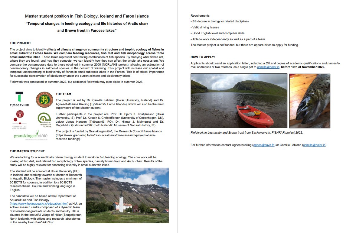 We are looking for a master student in Fish Ecology (Iceland/Faroes) from January 2023 🇮🇸🇫🇴🐟
#ecology #Iceland  #FaroeIslands #Biology