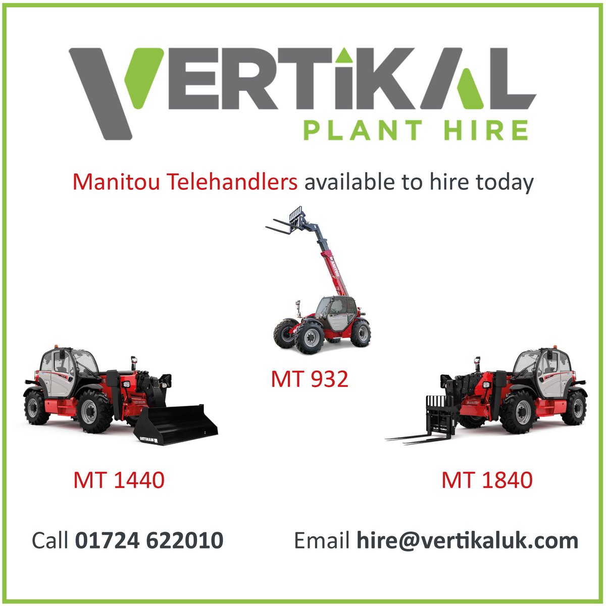 Vertikal Plant Hire 
Give our friendly team a call to arrange a fast quote, we can deliver machines same day/next day to site.
📞 01724 622010 
📧 hire@vertikaluk.com
💻 vertikaluk.com
#vertikal #planthire #manitou #telehandlers #scunthorpe #grimsby #hull #lincoln