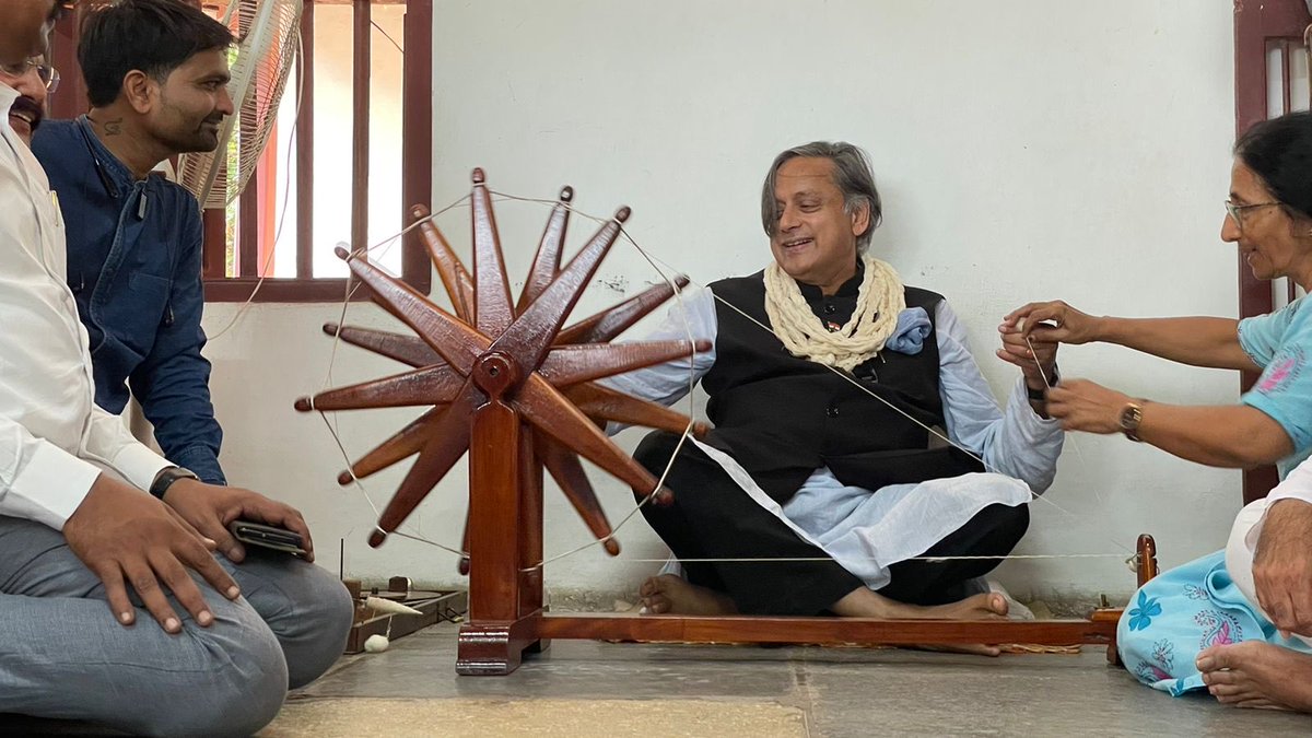 ShashiTharoor's tweet photo. Wonderful to be back in the land of Mahatma Gandhi again! Visited Sabarmati Ashram after years &amp; tried my hand again at plying the charkha. Moving to be reminded of the simplicity &amp; humility of the Great Soul, &amp; the timeless values he taught us all. https://t.co/r50kiTLV94