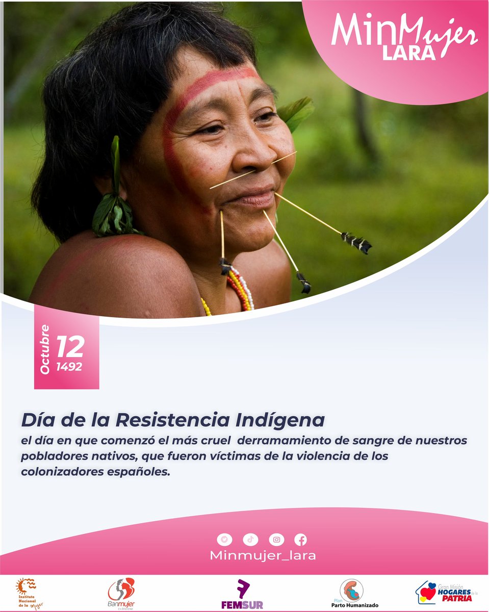 Minmujer_Lara's tweet photo. Hoy conmemoramos la lucha de nuestros pueblos autóctonos por la defensa de su cultura en contra de los colonizadores españoles que llegaron al continente en 1492.

#TodosconLasTejerias
#MinMujerLaraContigo 
#JuntasSomosMás 
#12Oct

@teresalinarezps 
@d_guzmanl 
@MinMujerVe https://t.co/LsnjYQvpS8