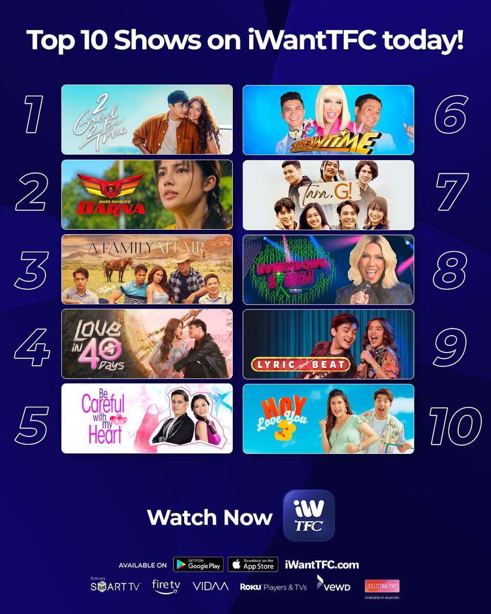 starmagicphils's tweet photo. Here are the TOP 10 SHOWS everyone's watching on iWantTFC!
Download the app or visit our website and stream them all today! https://t.co/ghWMVgonIj https://t.co/w7mSO0C0Ue