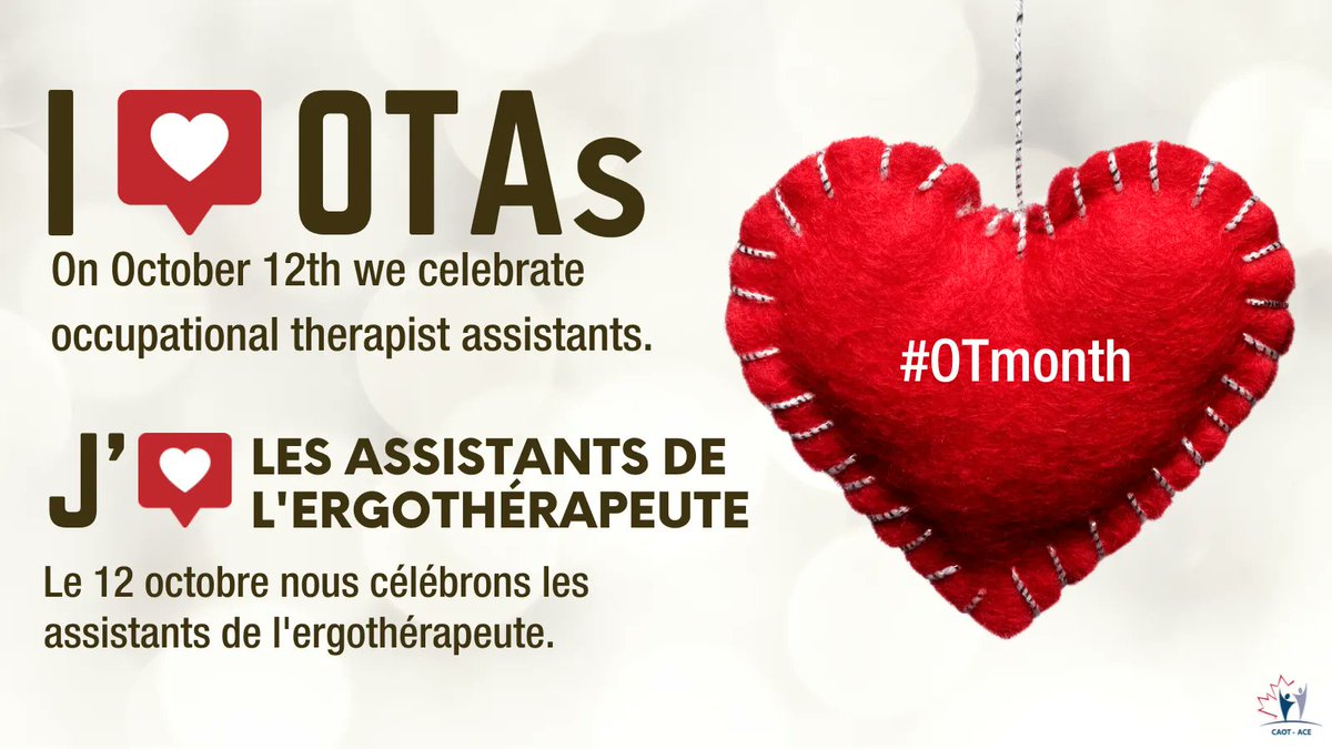 CAOT_ACE's tweet photo. It's occupational therapist assistant (OTA) Appreciation Day! ❤️ #OTAday #OTmonth

Celebrate the contributions of and raise awareness about what OTAs do and the value they add. Watch for our posts later today to engage and share. https://t.co/TQ0KFVaeOK