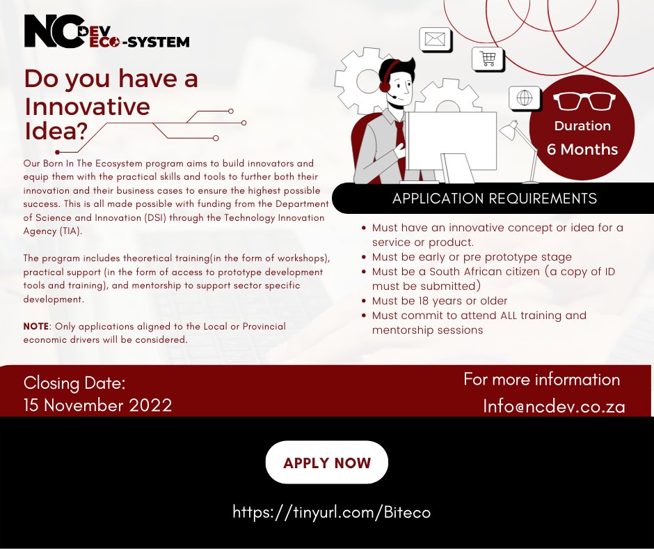 Do You Have an Innovative Idea and you are based in Northern Cape?

Make sure you apply for our Innovation Support Program called Born In the Ecosystem.

🔗tinyurl.com/Biteco
📅 Closing Date: 15 November 2022

#InnovationSupport #NCDev #BornInTheEcosystem #Innovation