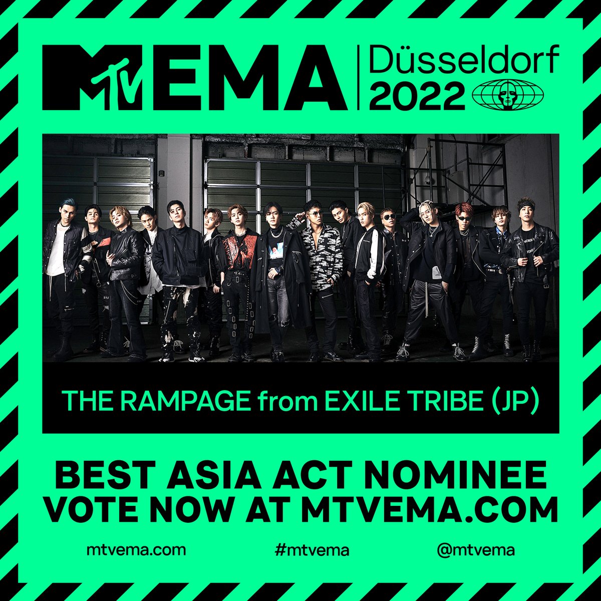 ／
#MTVEMA に #THERAMPAGE がノミネート!
＼
11/14(月)にドイツ・デュッセルドルフにて開催される「2022 MTV EMA」🏆

アジアのベストアーティストを決定する #BestAsiaAct にTHE RAMPAGE(@therampagefext)がノミネートされました!

▼投票はこちら
mtvema.com/en-asia-pacifi…

〆切:11/10(木)7:59まで