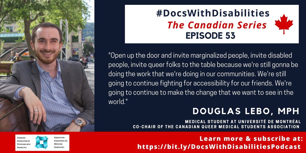 The DocsWithDisabilities Initiative (@docswith) on Twitter photo In Episode 53 of our <a href="/CAPD_ca/">Canadian Assoc. of Physicians with Disabilities</a> 🇨🇦series
Dr. <a href="/meekslisa/">Lisa M Meeks, PhD, MA</a> interviews Doug Lebo, a <a href="/UMontreal/">Université de Montréal</a> Medical Student and Co-Chair of the <a href="/CQMSA_National/">CQMSA 🏳️🌈 ACEQM</a> 🏳️🌈about including future #DocsWithDisabilities at the table to create change. <a href="/CFMSFEMC/">Canadian Medical Students</a> #queerinmedicine
👉bit.ly/DocsWithDisabi… In Episode 53 of our <a href="/CAPD_ca/">Canadian Assoc. of Physicians with Disabilities</a> 🇨🇦series
Dr. <a href="/meekslisa/">Lisa M Meeks, PhD, MA</a> interviews Doug Lebo, a <a href="/UMontreal/">Université de Montréal</a> Medical Student and Co-Chair of the <a href="/CQMSA_National/">CQMSA 🏳️🌈 ACEQM</a> 🏳️🌈about including future #DocsWithDisabilities at the table to create change. <a href="/CFMSFEMC/">Canadian Medical Students</a> #queerinmedicine
👉bit.ly/DocsWithDisabi…