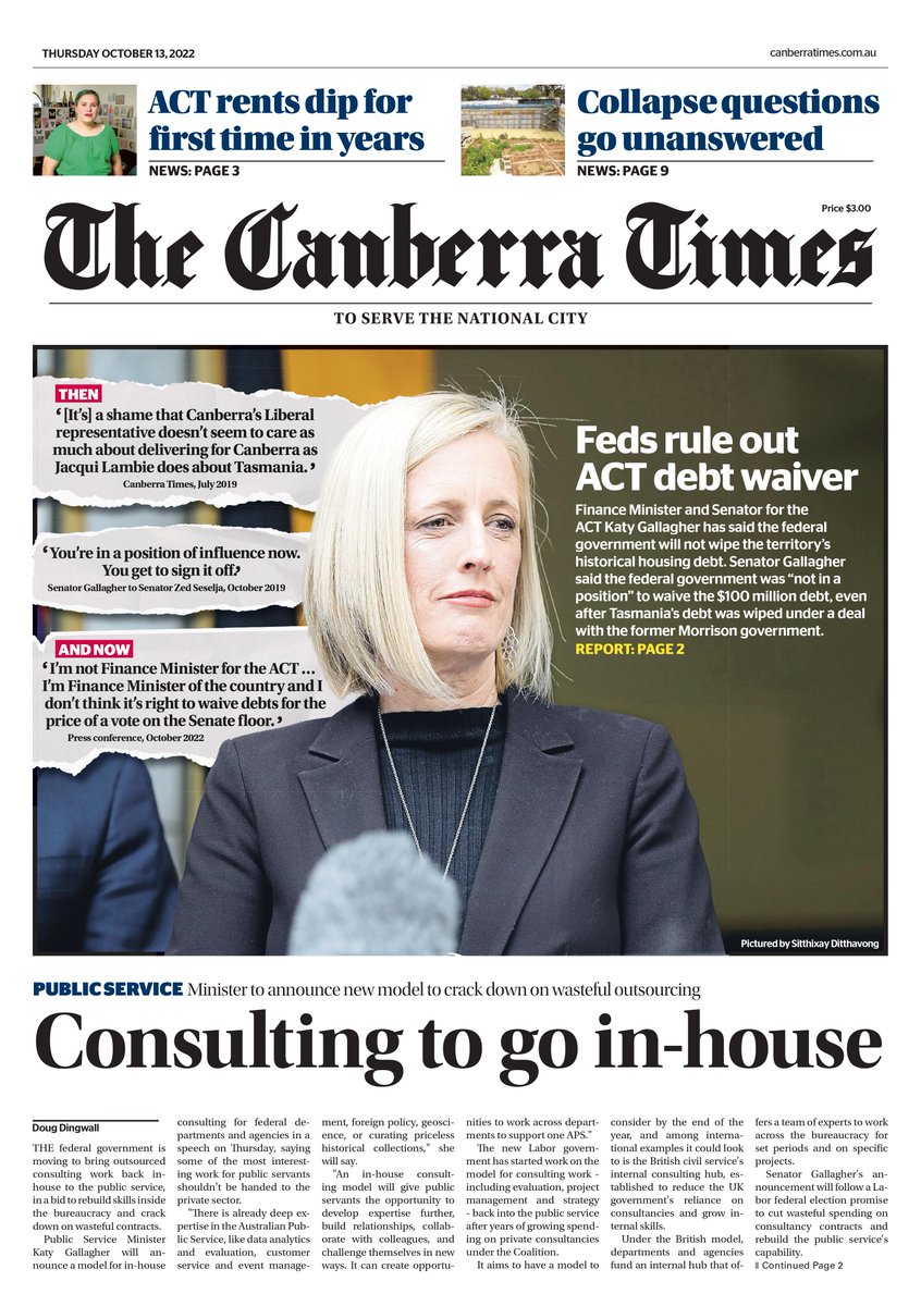 Canberra Times (@canberratimes) on Twitter photo Good morning, Canberra. We're in for a very high chance of showers and a top of 19 degrees. Here's today's front page featuring <a href="/SenKatyG/">Katy Gallagher</a> rules out waiving the ACT housing debt, via <a href="/D_JervisBardy/">Dan Jervis-Bardy</a>, and crack down on APS outsourcing, from <a href="/dougdingwall/">Doug Dingwall</a>. Good morning, Canberra. We're in for a very high chance of showers and a top of 19 degrees. Here's today's front page featuring <a href="/SenKatyG/">Katy Gallagher</a> rules out waiving the ACT housing debt, via <a href="/D_JervisBardy/">Dan Jervis-Bardy</a>, and crack down on APS outsourcing, from <a href="/dougdingwall/">Doug Dingwall</a>.