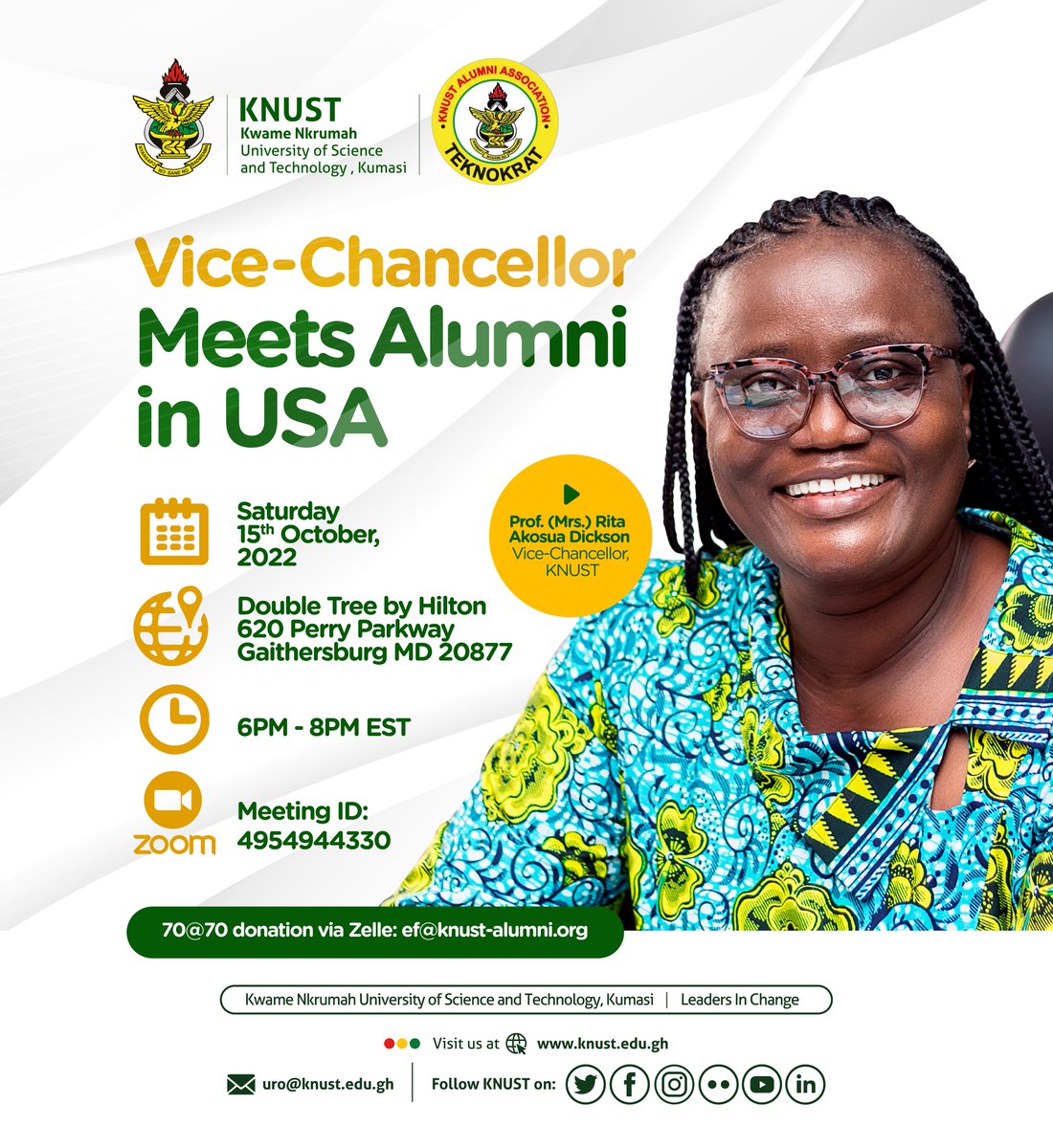 KNUSTGH's tweet photo. Professor (Mrs.) Rita Akosua Dickson meets our alumni in the USA.
Make a date with the Vice-Chancellor.
#knustalumni #knuststudents #knust https://t.co/42yZWmb7OB