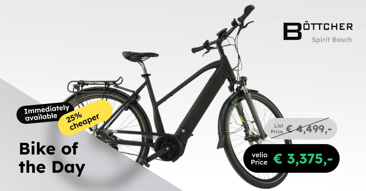 velio_de's tweet photo. Bike of the Day is a reliable #bike from #Böttcher. The Böttcher Spirit convinces with speed, comfort and fun on all routes. The 500 Wh battery from #Bosch is integrated into the down tube of the bike. The bike is available with a 25% discount and in excellent condition! https://t.co/uBqAA3RmJg