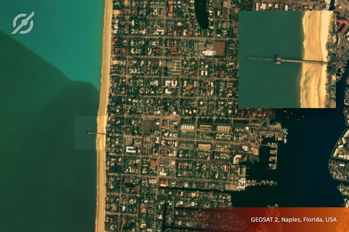 geosat_space's tweet photo. The #HurricanIan hit #Naples, #Florida last month and left the #NaplesPier badly damaged. The structure, built in 1988, lost some of its pylons and one shack located at the pier's tip. #GEOSATSeries #DEFENSEandSECURITY #Emergency #GEOSAT2 #Monitoring #hurricans https://t.co/UsSwFQg6on