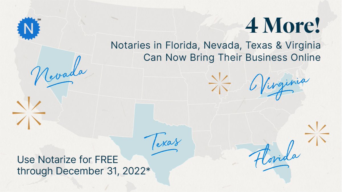 Independent Notaries in Florida, Nevada, Texas, and Virginia. You can now bring your clients to the platform for FREE until 12/31/2022!  If you want to add RON to your toolbag, it is NOW! Notarize has great features to make your business successful! bit.ly/3Rjl5Uw