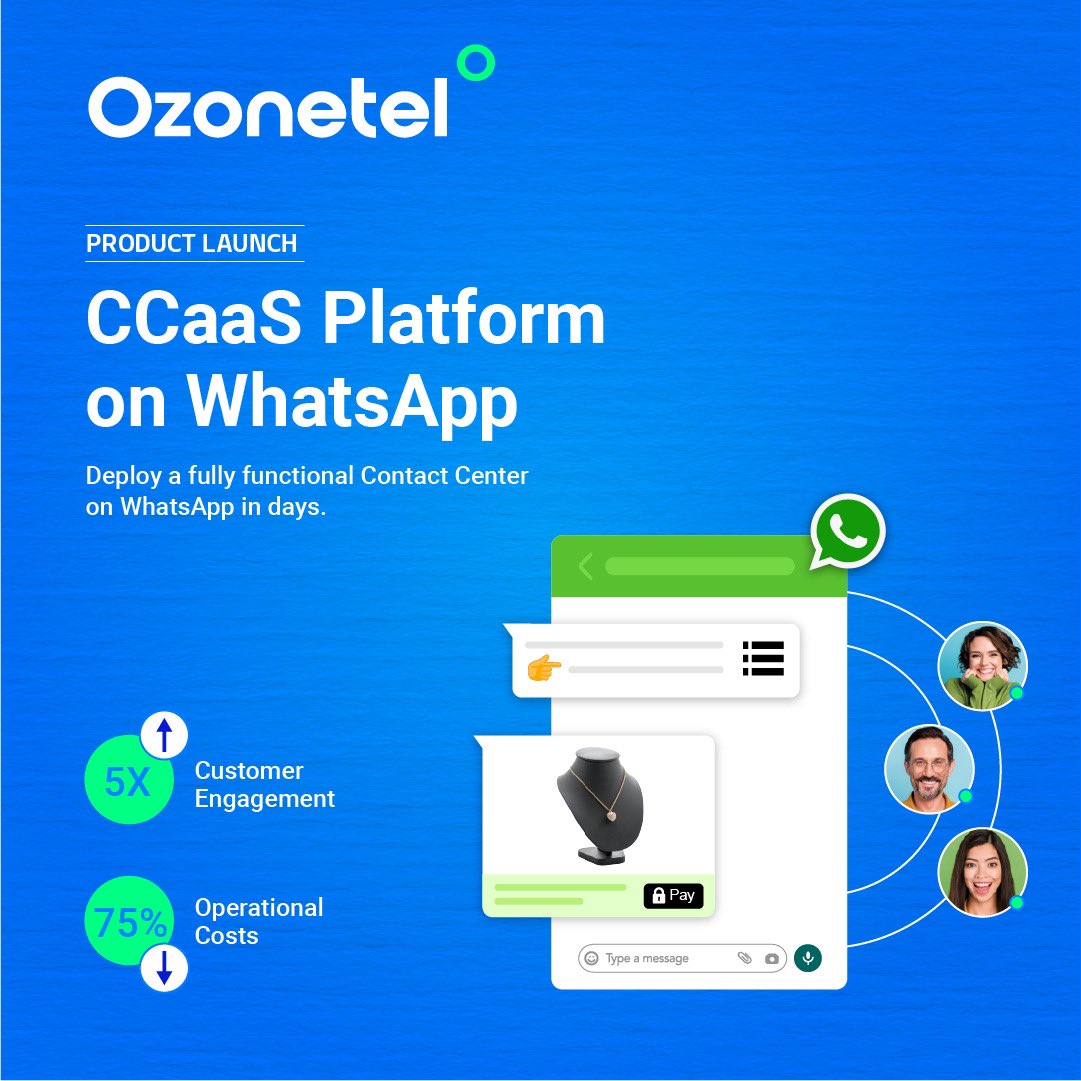 Ozonetel's tweet photo. Introducing Ozonetel’s #CCaaS Platform on WhatsApp. A first-of-its-kind solution that lets you set up a fully functional #contactcenter on #WhatsApp in days, slashing operational costs by 75% &amp; increasing customer engagement fivefold!  

Excited? We certainly are.🤩🎉 https://t.co/a4PxnV90ct