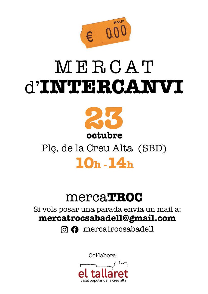 MERCATROC_SBD's tweet photo. El dissabte 23 d'octubre tornem a fer mercat d'intercanvi. Si vols posar paradeta, escriu-nos. https://t.co/XazJ2OHBsq