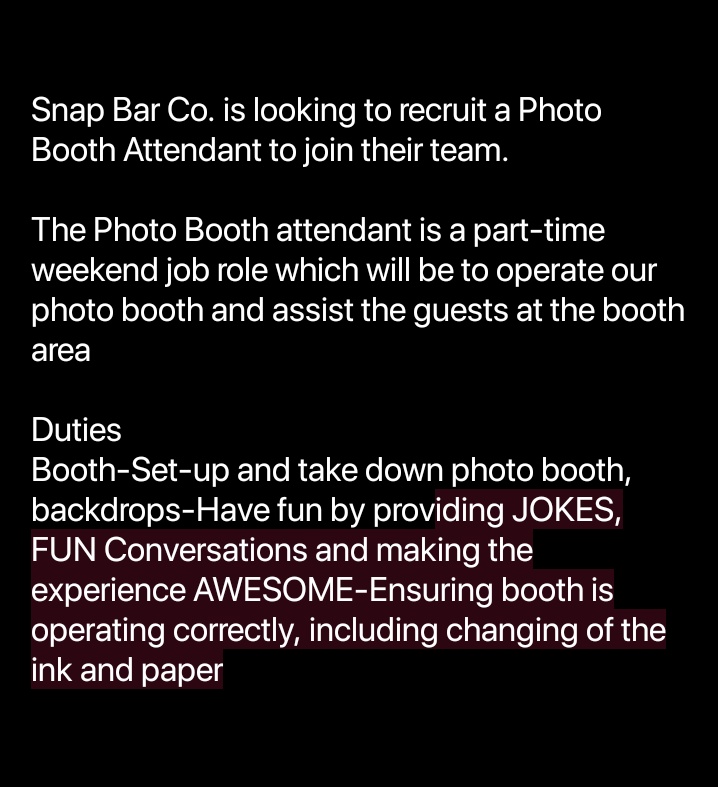 emmanuelbasy's tweet image. Snap Bar Co. is looking to recruit a Photo Booth Attendant to join their team in Lagos 
If you meet the below requirements and are interested in a fun part time weekend job, 
Email your CV and photo to snapbarcompany@gmail.com

#weekendjob #Lagos