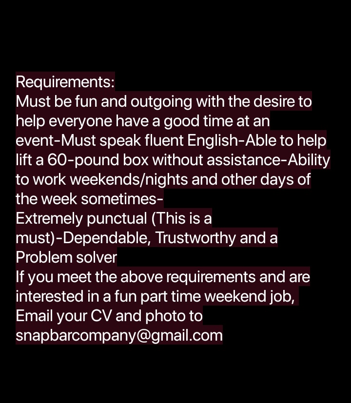 emmanuelbasy's tweet image. Snap Bar Co. is looking to recruit a Photo Booth Attendant to join their team in Lagos 
If you meet the below requirements and are interested in a fun part time weekend job, 
Email your CV and photo to snapbarcompany@gmail.com

#weekendjob #Lagos
