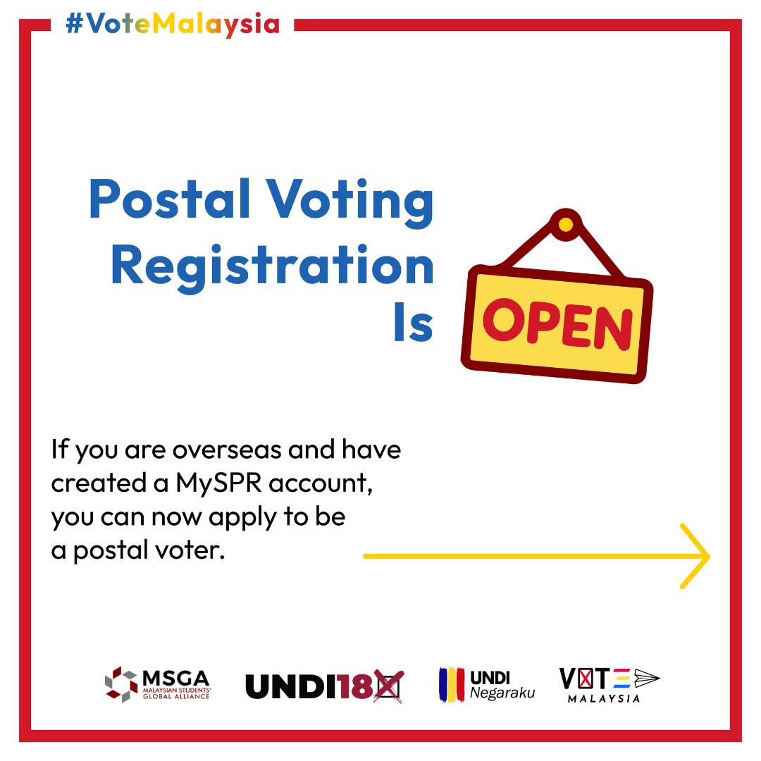 twt_MSGA's tweet photo. Postal voting registration is open! Hurry on and register to be a postal voter. 

If you have not created an account, we urge you to quickly do so. You can read more about this in our previous posts.

As Malaysia heads to the polls, let us exercise our  rights to be heard! 🗳️🇲🇾 https://t.co/fz6DdWJATV