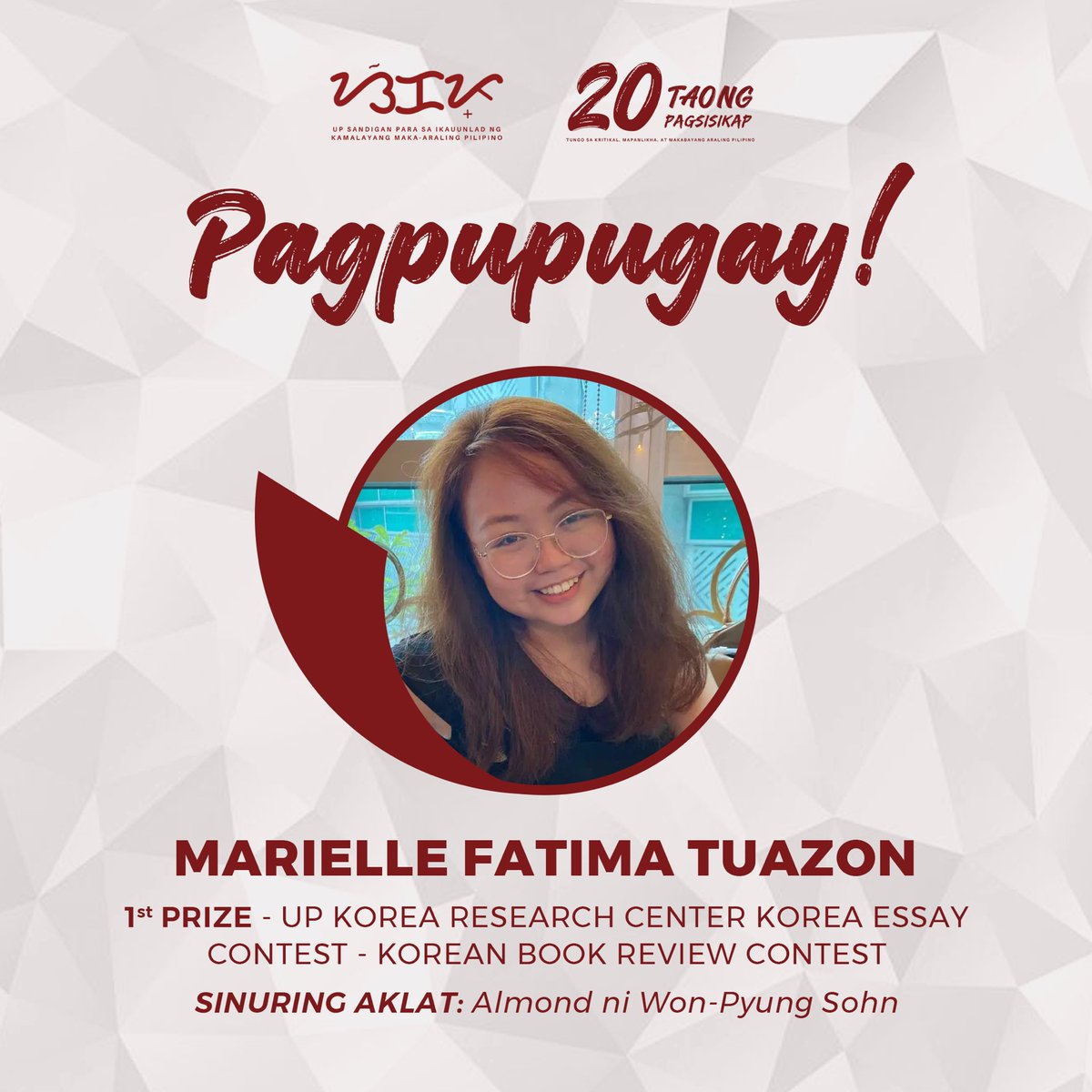 upsikap's tweet photo. Pinagpupugayan ng UP SIKAP si Marielle Tuazon (@mariellefatima) sa pagkamit ng 1st Prize sa UP KRC Korea Essay Contest sa kaniyang book review sa "Almond" ni Sohn Won Pyung.

Tunay ngang mahusay ang mga kasapi ng UP SIKAP! Ipagpatuloy ang pagsisikap sa paglikha at pagsulat! https://t.co/rszsnbnKU6