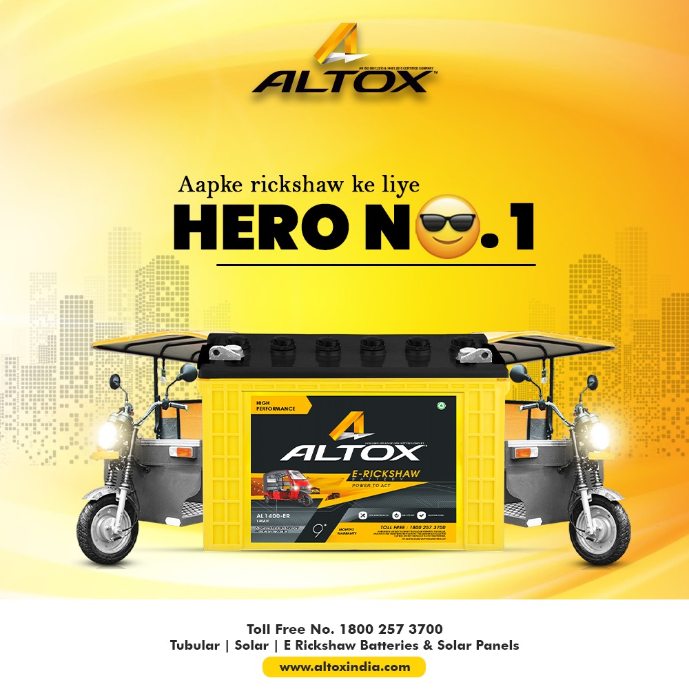 AltoxIndia's tweet photo. Altox battery- the Hero that goes an extra mile for your E-rickshaw and keeps you ahead always.
.
Call: 18002573700
Visit:  https://t.co/Bo9qmDRK2g
.
.
#altoxindia #Erikshawbattery #solarbattery
#erikshaw #rikshawbatteries #batterymanufacturer #batteries #ERikshaw https://t.co/BhVgqUN03G