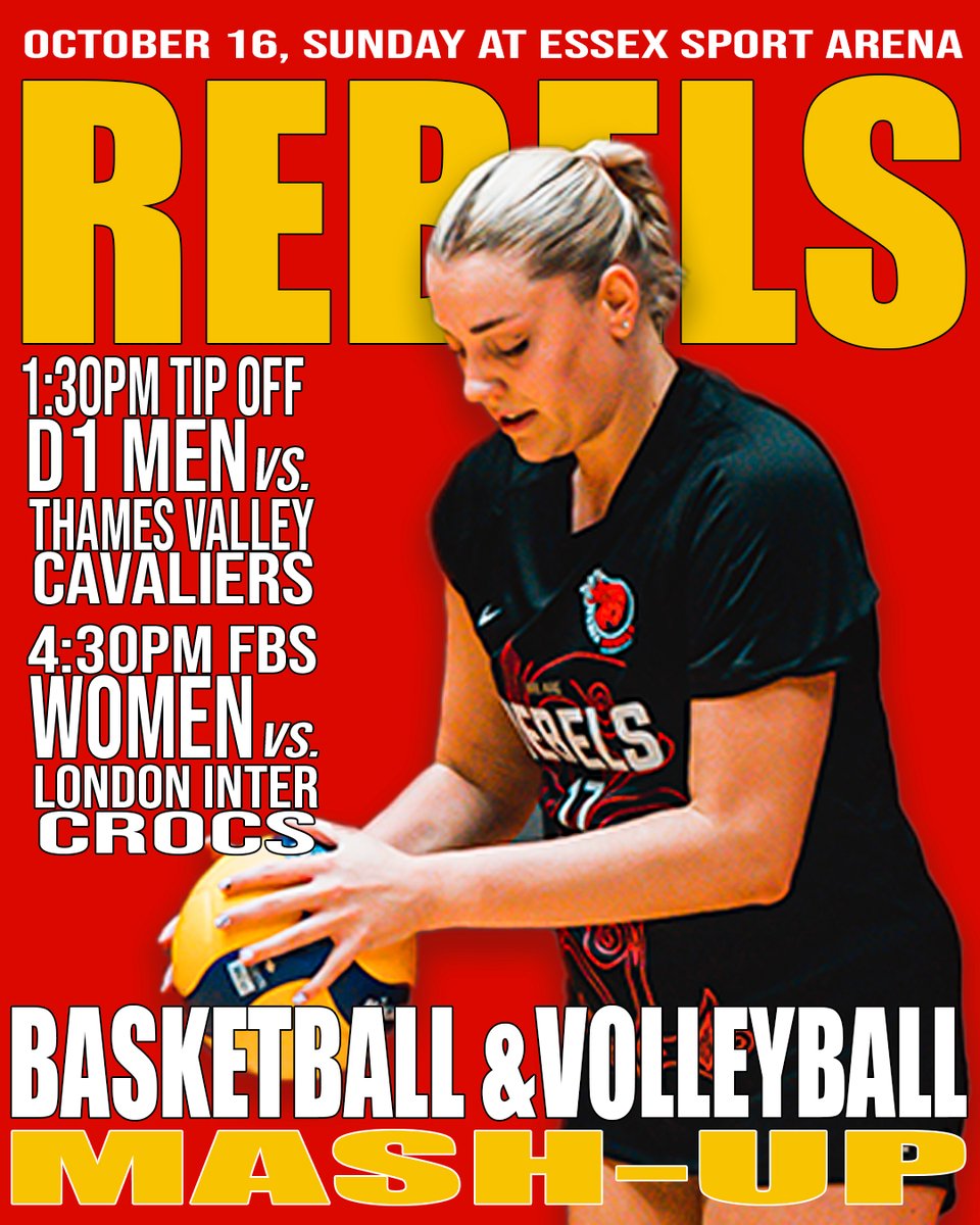 REBELS WEEKEND IS HERE 📍Essex Sport Arena

OCT 15, SATURDAY

WBBL|
⏰4pm 
🆚Newcastle Eagles

D1|
⏰6:30pm 
🆚Westminister Warriors

OCT 16, SUNDAY

D1|
⏰1:30pm 
🆚Thames Valley Cavaliers

NVL Women|
⏰4:30pm 
🆚London Inter Crocs

TICKETS HERE:
eventbrite.co.uk/e/nbl-d3-men-v…