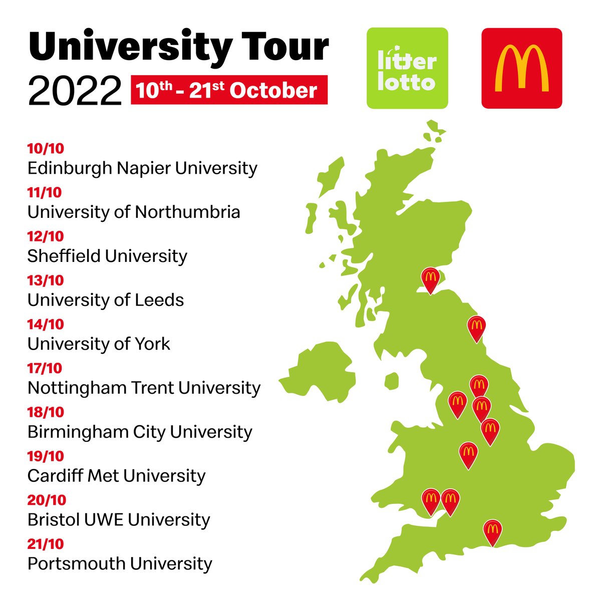 LitterLotto's tweet photo. Our UK partners @McDonaldsUK are doing a tour of 10 universities across the UK handing out free food from their epic McDonald's van!

Make sure to download the LitterLotto app and #BinItToWinIt, there are spot prizes and jackpots, not to mention an exclusive DJ set up for grabs! https://t.co/tV2m4paEwE