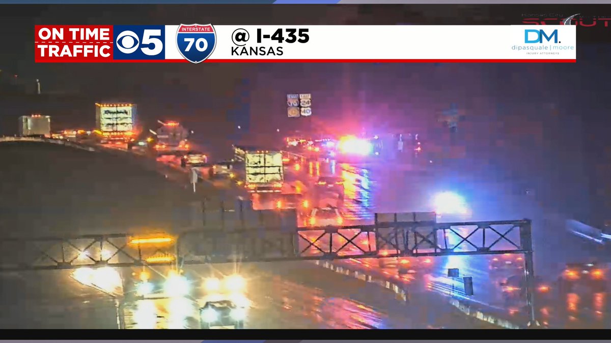 BillinKC's tweet photo. This appears to be a car/truck on its side, EB I-70 just past I-435 on the Kansas side...just on the other side of the road from our previous crash. #KCTraffic https://t.co/Zq9sG9HuLb