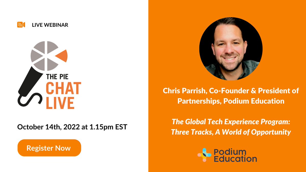 ThePIELive's tweet photo. Join us for The PIE Chat live with @c_parrish8 from @HelloPodium to learn how to build a global tech experience program that will help you provide school and college students with the support they need to gain real-world experience. 

Register now: https://t.co/JXBQjedtcE https://t.co/s9infsKshG