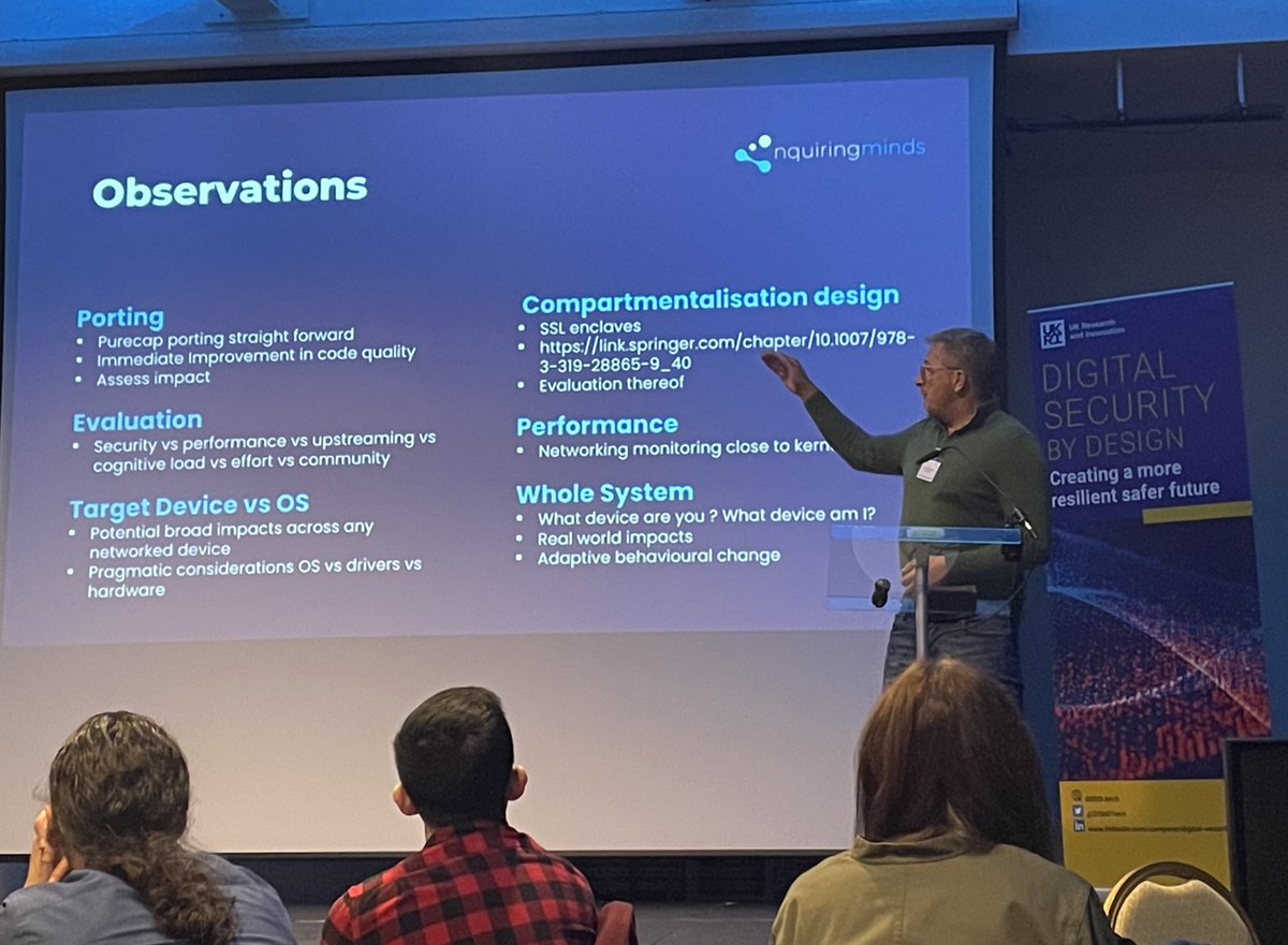 DSbDTech's tweet photo. Nick Alcott, @nqminds presents on the early observations of their #DSbD Tech project #DSbDAllHandsAutumn22 #compartmentalisation #CHERI #Morello #IoT #Routers https://t.co/LzLzOP9wmq