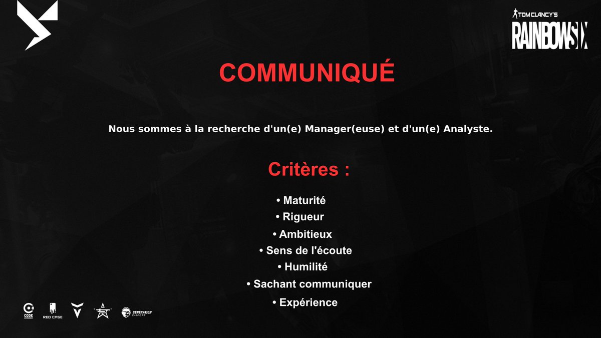 YoDeSports's tweet photo. ☄  Nous sommes actuellement et activement à la recherche d'un(e) Manager(euse) &amp; d'un(e) Analyste sur #R6S pour notre pôle e-Sportif et son staff. 

📩  Candidatures par e-mail ou via notre Discord : 
 ➡  candidature@yod-esports.org  
🌍 https://t.co/SdaLrIEJHo 

#YoDF… https://t.co/RlDMiEM0CU