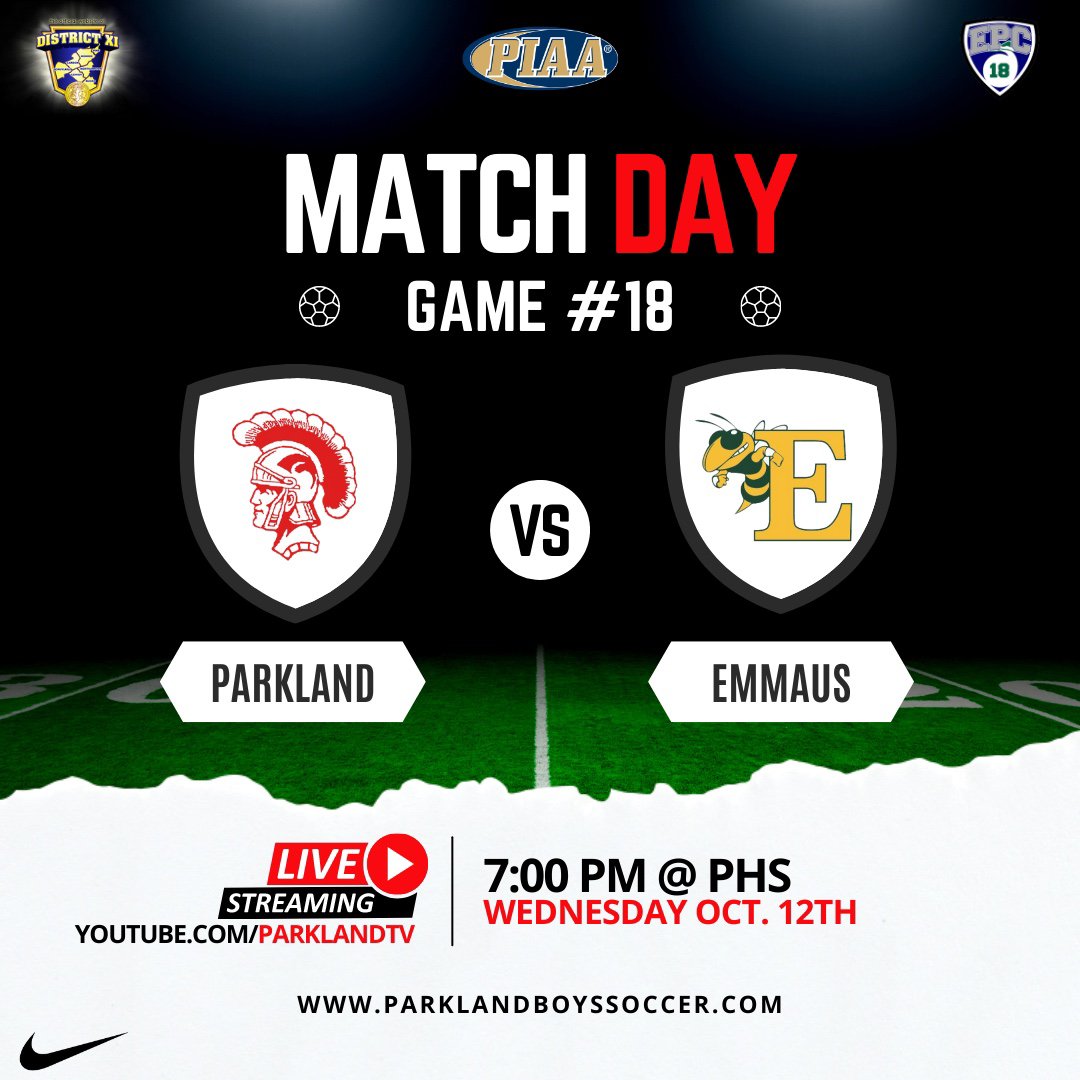 Parkland_Soccer's tweet photo. Final Match of the regular season tonight vs. Emmaus! Come on out and pack the stadium, tune in to our live YouTube stream at https://t.co/4eug2QiNrX, or listen live on the radio stream https://t.co/FzlqH9WIoh https://t.co/B9Rd5BFrOb
