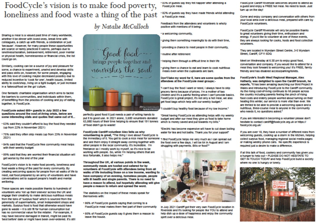 CardiffTimes's tweet photo. Natalie spoke to this amazing charity 'FoodCycle' which aims to tackle the barriers within communities through the process of cooking and bringing people together.
#lessfoodwaste #volunteering #communitynews https://t.co/JEtYb3iFdU