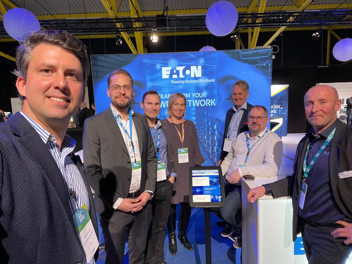MSinikari's tweet photo. With the Eaton team at #FutureDataSummit in Helsinki today. Very interesting discussions and networking with data center operators and consultants. 
#datacenter #data #energy #finland https://t.co/Dg5nE3jWz5