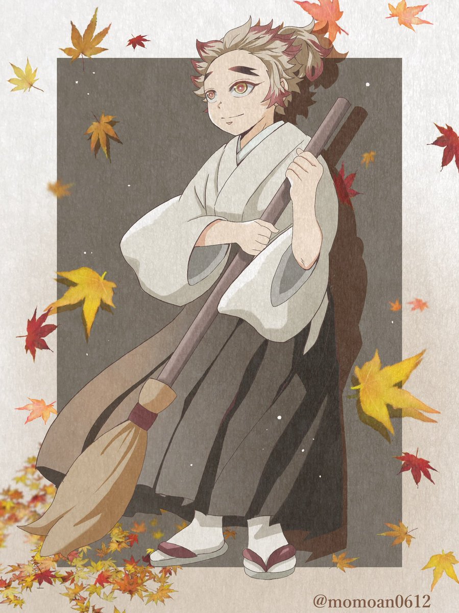 1boy male focus broom japanese clothes autumn leaves holding broom solo  illustration images