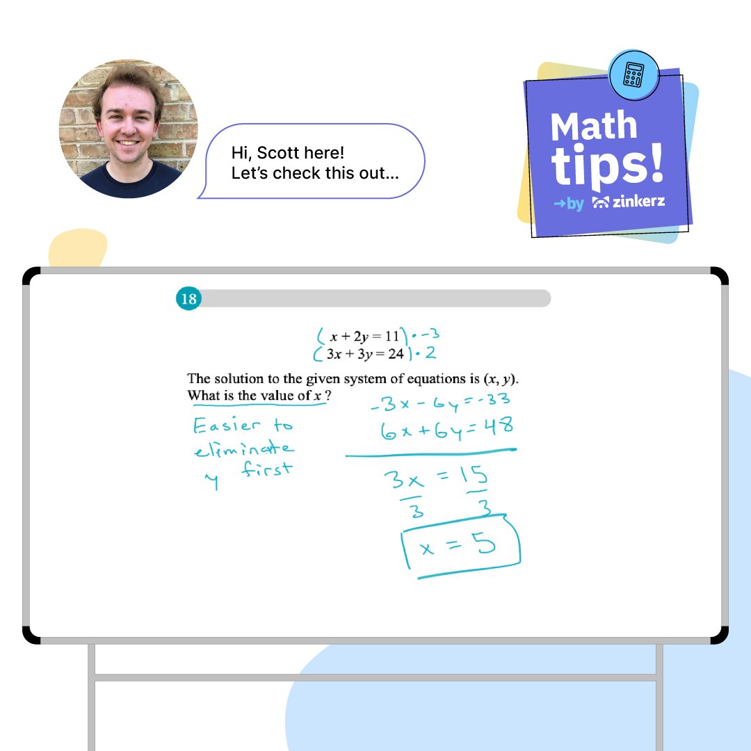 SAT Math Tip by Zinkerz! Since solving for x, easiest to eliminate y. Multiply equations to get -6y and 6y, add together to cancel them out. Solve 3x=15 to get x=5. 

#satprep #sat #satmath #act #actprep #actmath #mathhack #zinkerzprep #zinkerz