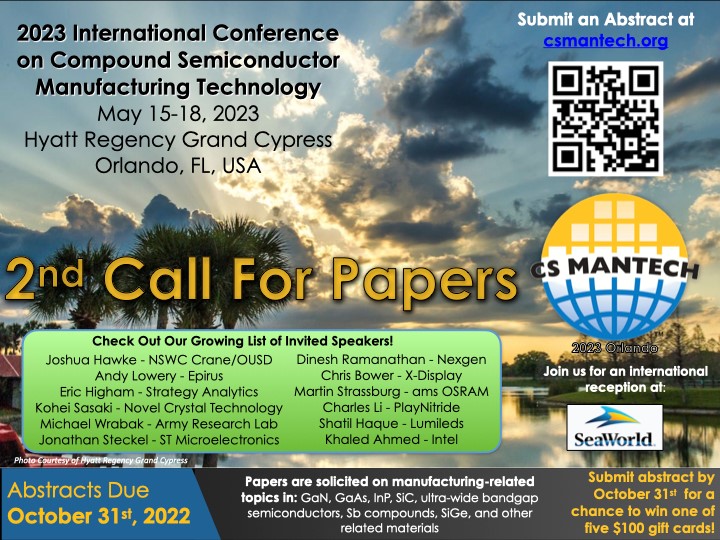 The 2nd Call for Papers for #CSMANTECH 2023 is out - check out the invited speakers (more to be annouced). Abstract submission deadline is 31 October. More information (including for abstract submission) is on the conference website csmantech.org.