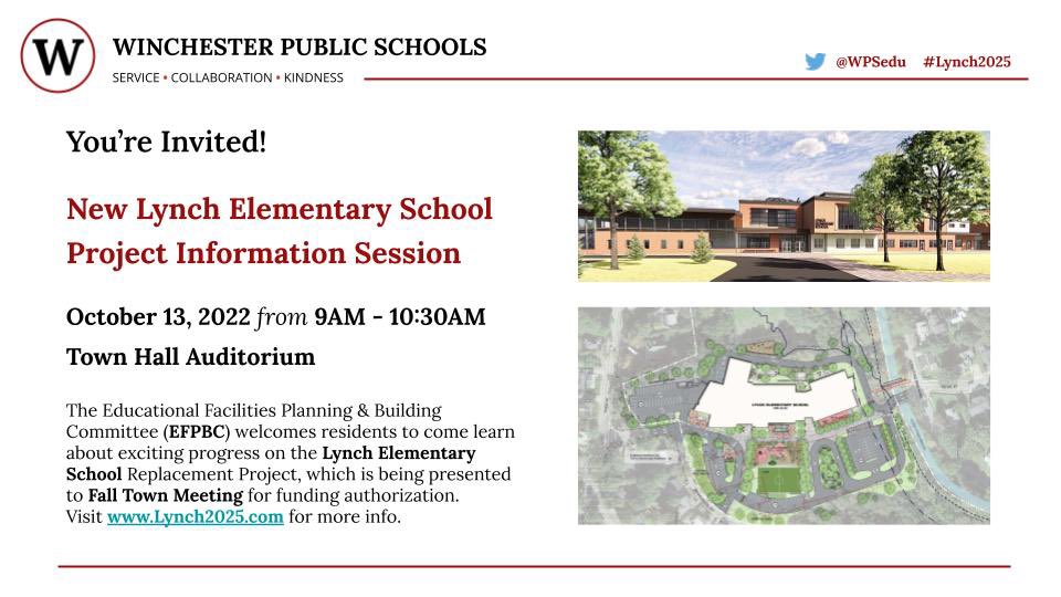 Community Presentation on our 𝗟𝘆𝗻𝗰𝗵 𝗘𝗹𝗲𝗺𝗲𝗻𝘁𝗮𝗿𝘆 𝗣𝗿𝗼𝗷𝗲𝗰𝘁 tomorrow morning Thurs, Oct 13th - 9AM at Town Hall Auditorium! #Lynch2025 Public is encouraged to attend, learn about exciting progress &amp; ask questions. 👀 <a href="/TheLynch_School/">@TheLynch_School</a> .<a href="/WPSedu/">Winchester Public Schools</a> <a href="/TappeArchitects/">Tappé Architects</a>